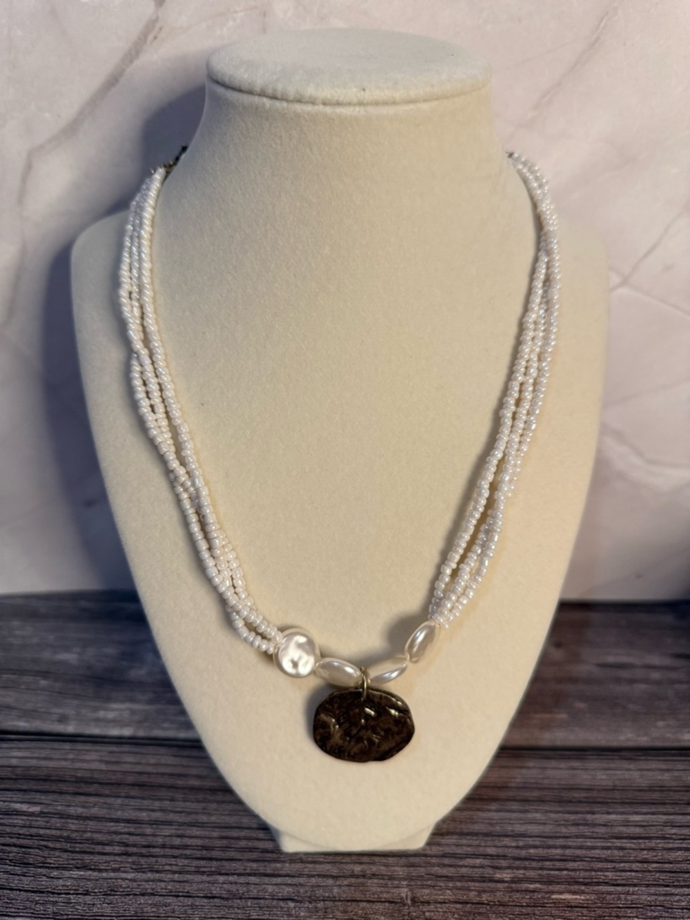 NWOT Free People White Beaded Multi-Strand Necklace with Pearl Accents & Pendant